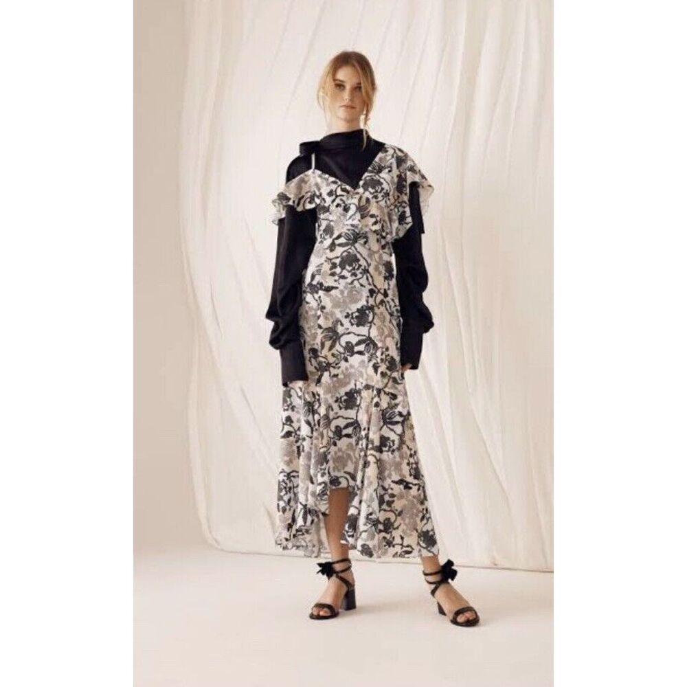 ADEAM Floral Fiesta Ruffle V-Neck Asymmetric Maxi Dress Size 2 $800